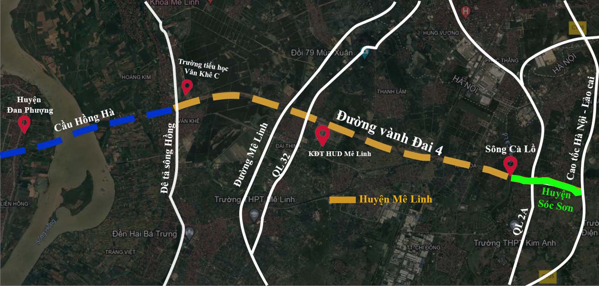 Sơ đồ tuyến Vành đai 4 và cầu Hồng Hà đoạn qua huyện Mê Linh — yếu tố hạ tầng tác động đất nền Mê Linh